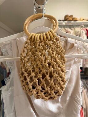 Hand-Knotted Macramé Bag with Wooden Ring Handles - Camel